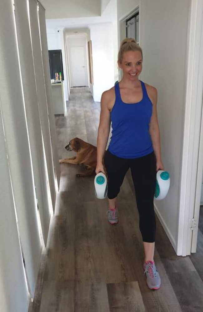 Chantal Brodrick, host of The Fitness Business Podcast, uses washing detergent for lunges. Picture: Supplied