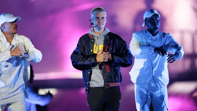 Justin Bieber on stage during his concert at ANZ Stadium in Homebush. Picture: Jonathan Ng