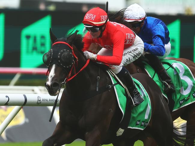 SYDNEY, AUSTRALIA - APRIL 20: Jamie Kah riding Mazu wins Race 5 Hall Mark Stakes during Sydney Racing at Royal Randwick Racecourse on April 20, 2024 in Sydney, Australia. (Photo by Jeremy Ng/Getty Images)