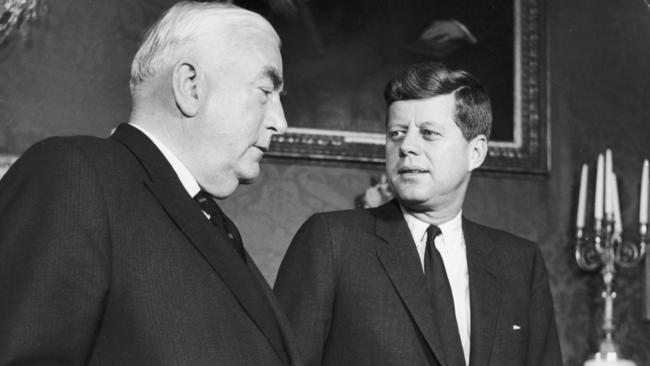 Robert Menzies talks with then president John F Kennedy during a visit to Washington. Picture: Getty Images