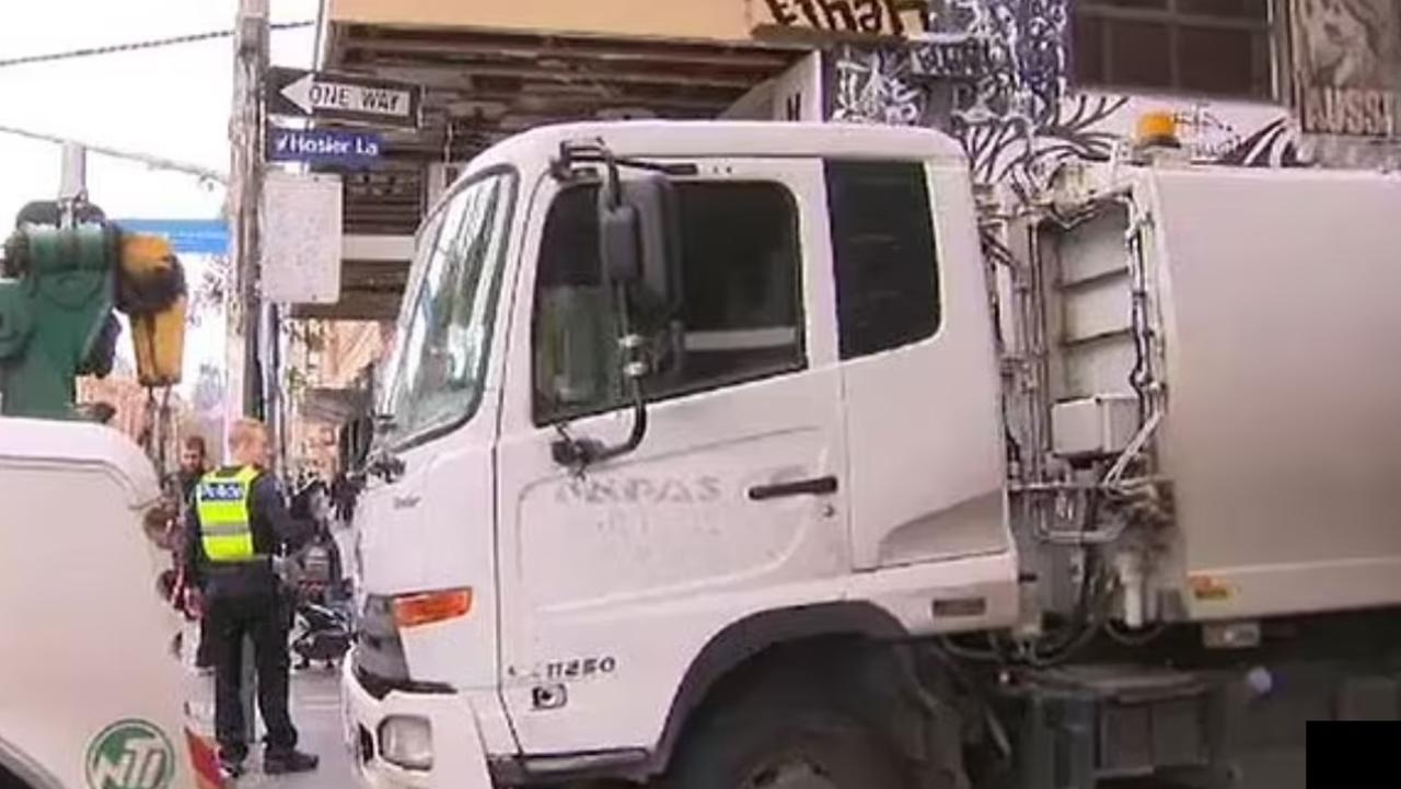 A truck driver died this morning after being crushed by his vehicle in Hosier Lane. Picture: Nine