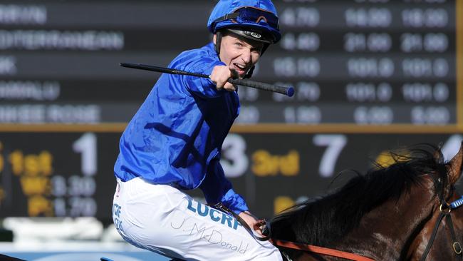 James McDonald celebrates after winning the Group 1 Golden Rose on Astern. Picture: Simon Bullard