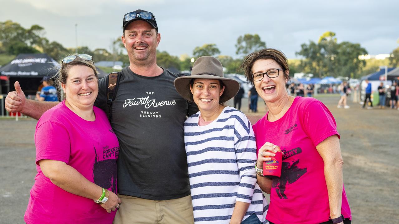 At Meatstock are (from left) Selena Mulhearn of Sun Pork, Cam Munro, Mandy Thompson and Julie Monaghan of Sun Pork at Toowoomba Showgrounds, Friday, April 8, 2022. Picture: Kevin Farmer