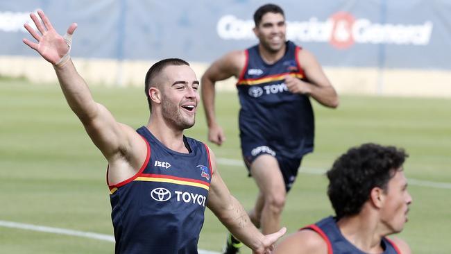 Myles Poholke, left, with Tyson Stengle and Ben Davis at Crows training. Picture: Sarah Reed.