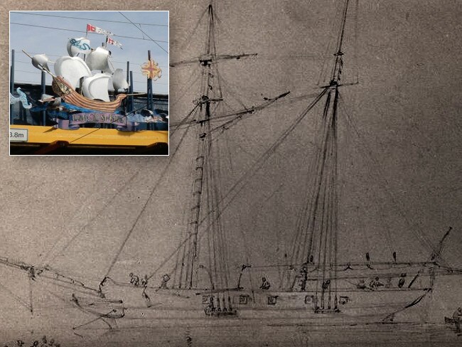 An 1840s sketch of the Lady of St Kilda ship, and its tribute sculpture at Balaclava.