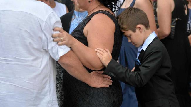 Bradley Hardwick's wife Lisa speaks to family and friends after his memorial service. Picture: Zizi Averill