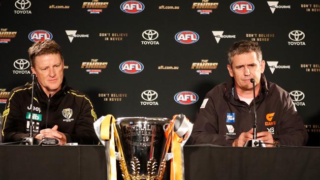 Richmond coach Damien Hardwick and GWS coach Leon Cameron ahead of the Toyota AFL Grand Final Parade on Friday. Picture: Michael Willson/AFL Photos via Getty Images)