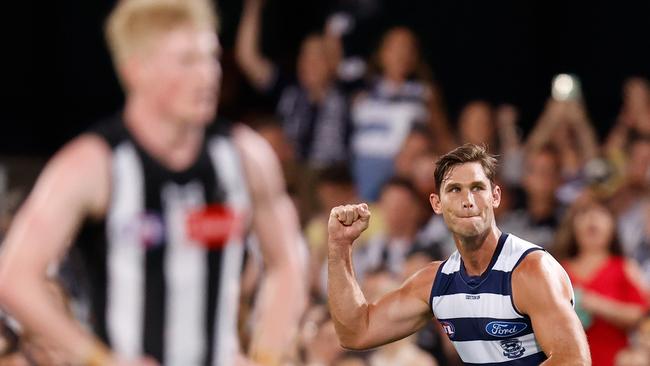 Tom Hawkins enjoys a goal in Geelong’s semi-final thumping of Collingwood.