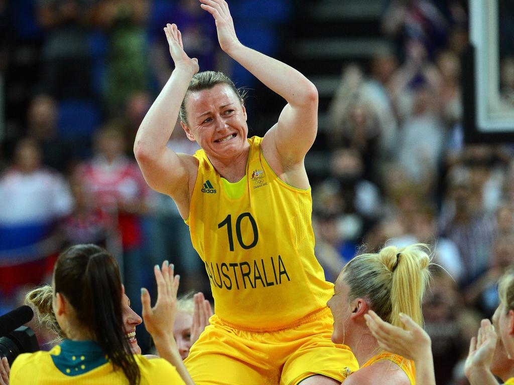 London Olympics 2012. Womens Basketball final Australia v Russia. A crying Kristi Harrower get hoisted after their win.