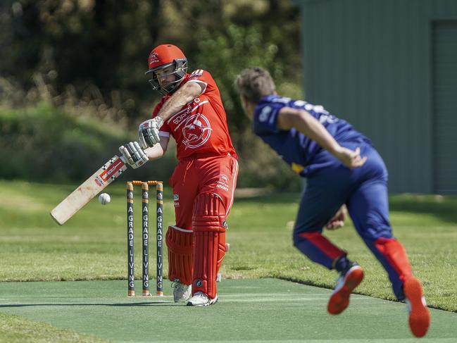 Sorrento batsman Corey Harris swings hard. Picture: Valeriu Campan