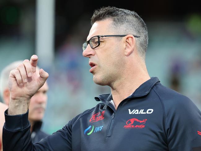 SANFL: Norwood coach Jade Rawlings addresses his players during the 2024 SANFL second semi-final against Central District at Adelaide Oval. Picture: David Mariuz/SANFL