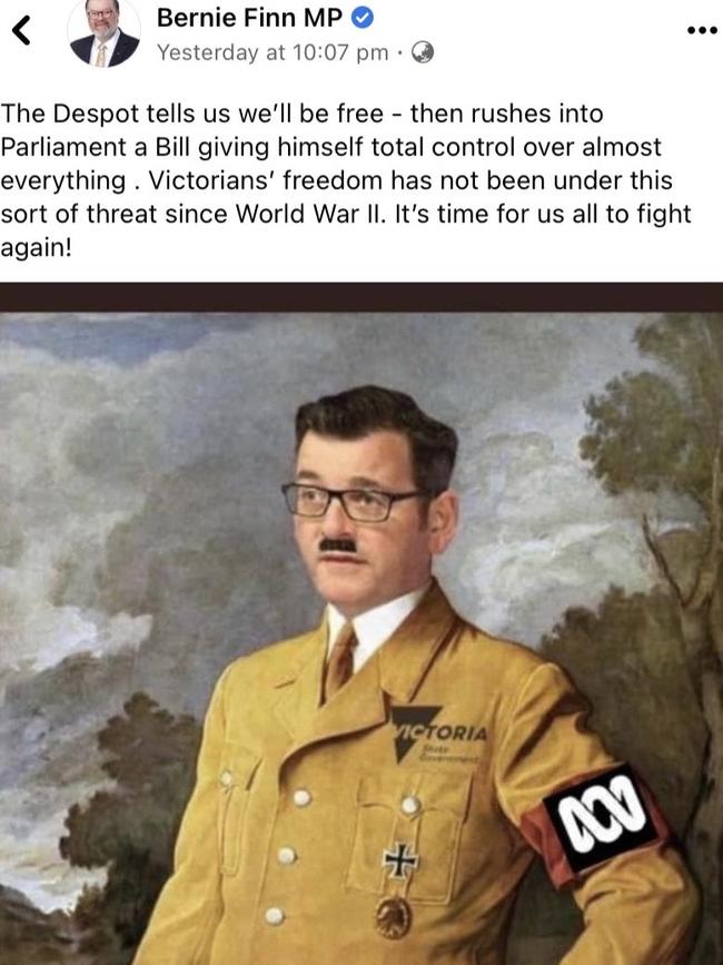 Controversial Liberal MP Bernie Finn deleted an offensive post which compared Daniel Andrews to Adolf Hitler.