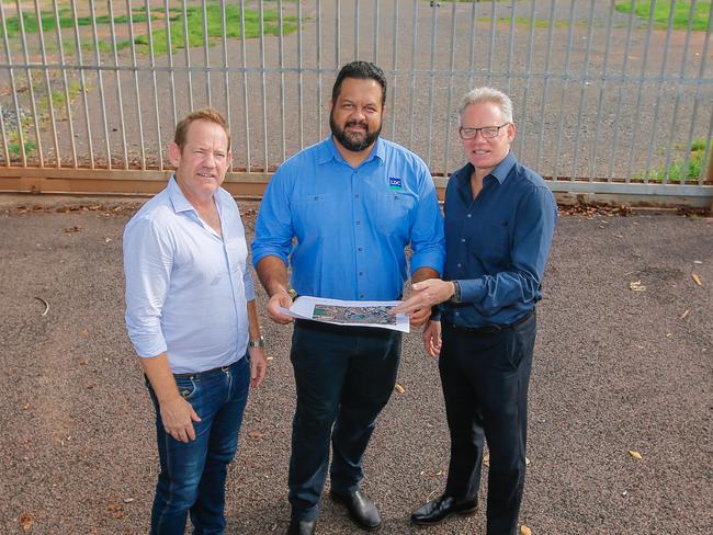 Stuart Tottham, Nigel Browne and Sean Bowden at a proposed stadium site on McMinn St. Picture: Glenn Campbell.