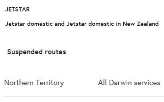 Screengrabs of Jetstar’s announcement suspending all Darwin services on the Qantas Group website’s media page on Thursday