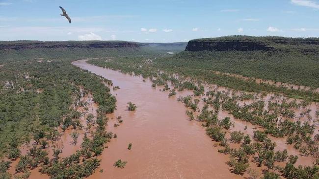 Victoria River Bridge flooded during the March 2023 floods. Supplied: Katherine Times