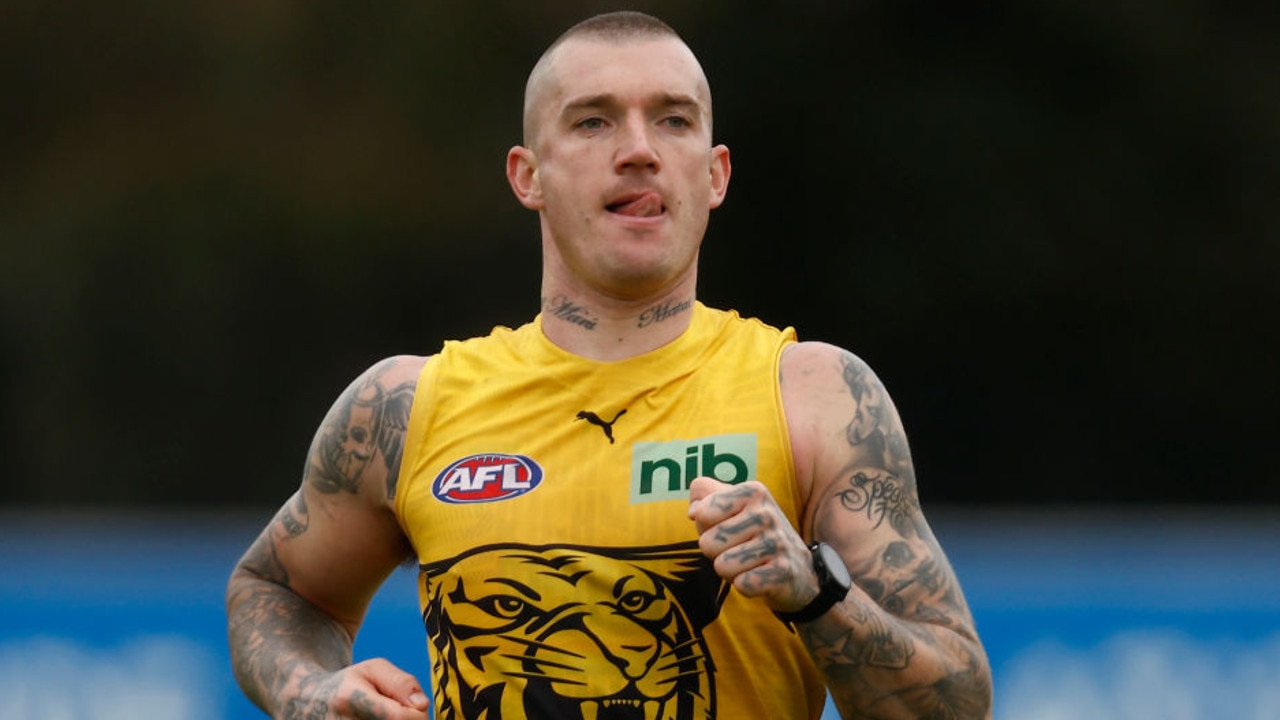 MELBOURNE, AUSTRALIA - AUGUST 25: Dustin Martin of the Tigers takes part during a Richmond Tigers AFL training session at Punt Road Oval on August 25, 2022 in Melbourne, Australia. (Photo by Darrian Traynor/Getty Images)