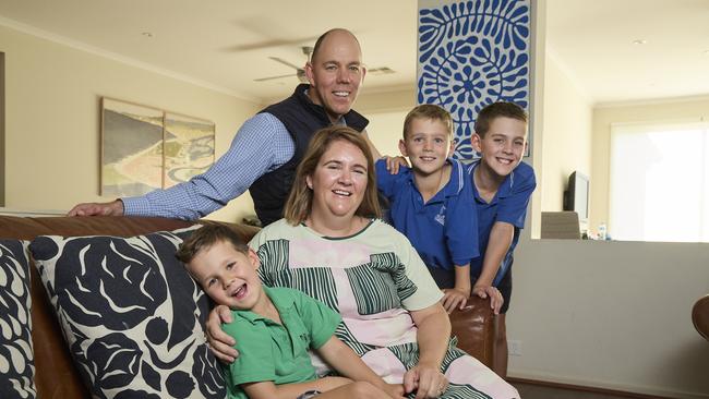 Matt Walsh, Sam Walsh, 4, Lucia Walsh, Henry Walsh, 8, and Oliver Walsh, 10, at home in Marden, after Santos introduced a nine-day working week. Picture: Matt Loxton