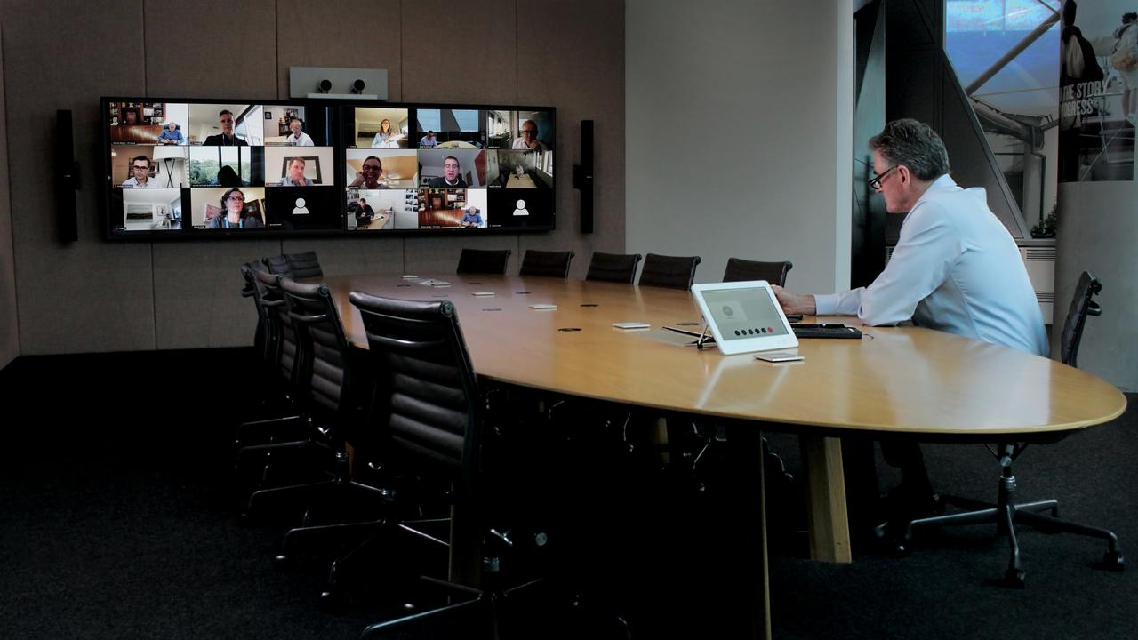 National Australia Bank CEO Ross McEwan meets his senior executive team during the coronavirus lockdown