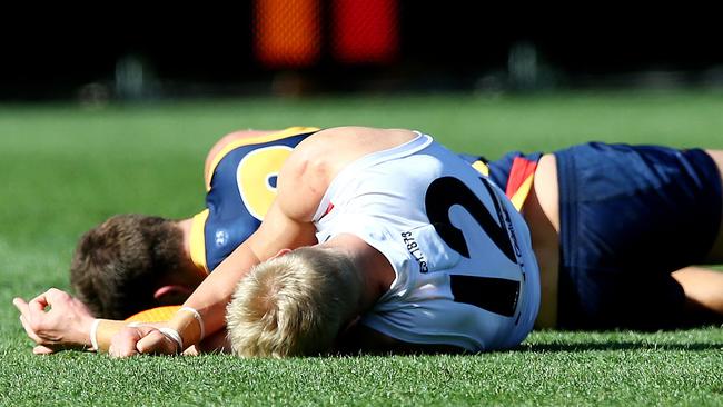 Nick Riewoldt and Brodie Smith collide. Photo: Sarah Reed.