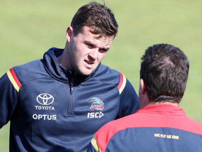 Crows Training - Monday, 10th August, 2020 - Training at West Lakes ahead of their Tuesday night clash against Collingwood. Brad Crouch talks to medical staff as he tries to overcome a hamstring injury Picture Sarah Reed