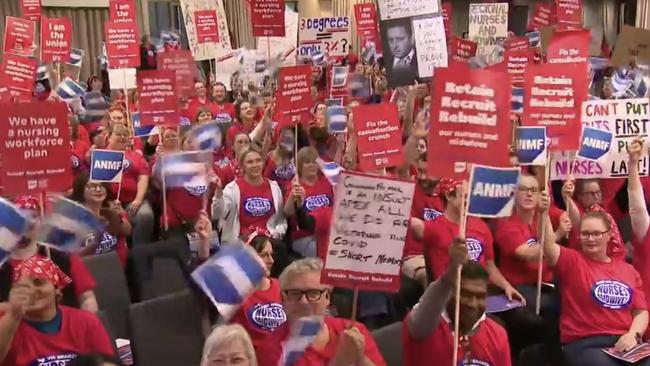 Nurses across the state voted on industrial action in May, leading to surgeries being cancelled and hospital beds shut down. Picture: Supplied / Channel 9