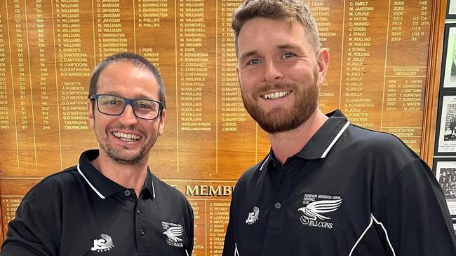 Falcons coach Jeremy Cini (left) alongside star signing Brad McKenzie. Picture: Payneham Norwood Union Football Club