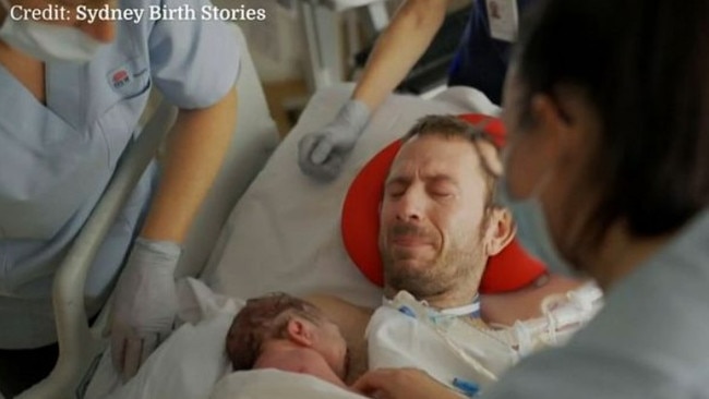 Nathan Stapleton holding his newly born son Angus. Picture: A Current Affair