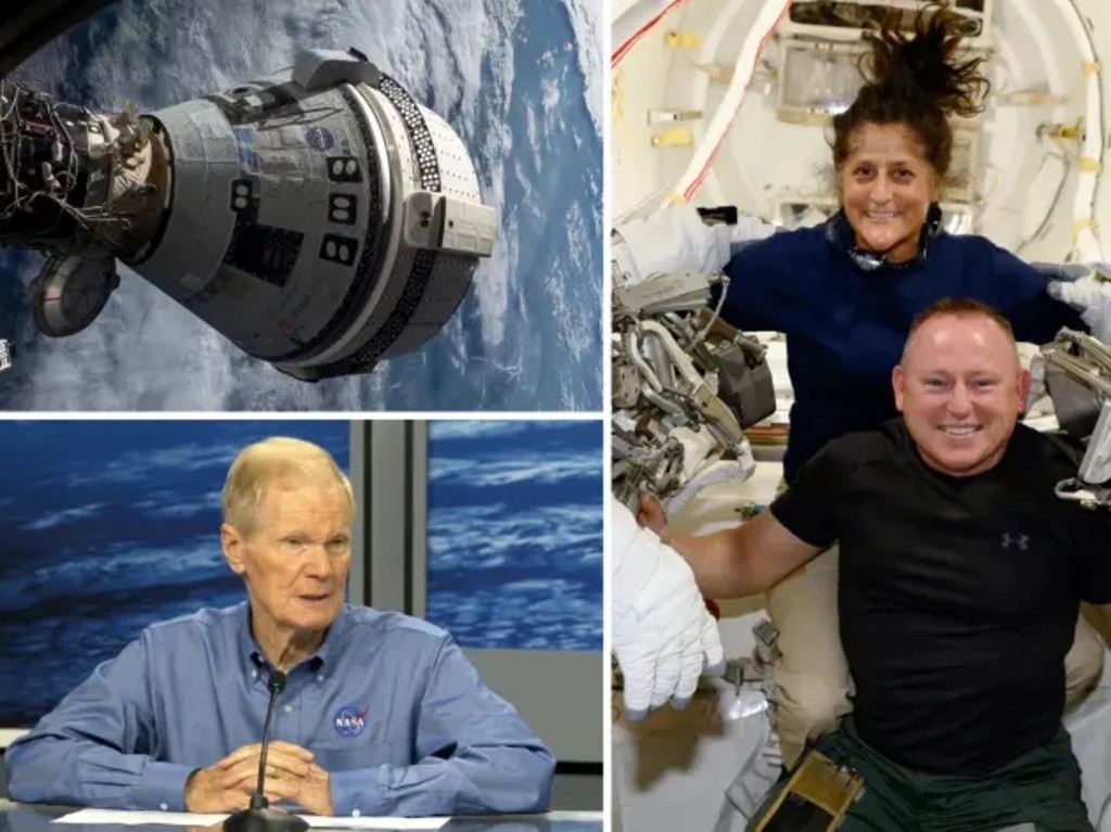 NASA administrator Bill Nelson, bottom left, confirmed at a weekend press conference that Wilmore and Williams will remain at the ISS. Picture: NASA/supplied/CANVA/composite