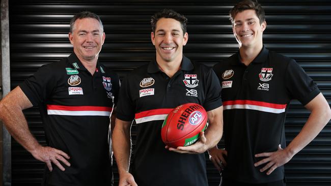 Jack Steele, right, with coach Alan Richardson and new Saints mentor, former NRL champion Billy Slater. Picture: Michael Klein