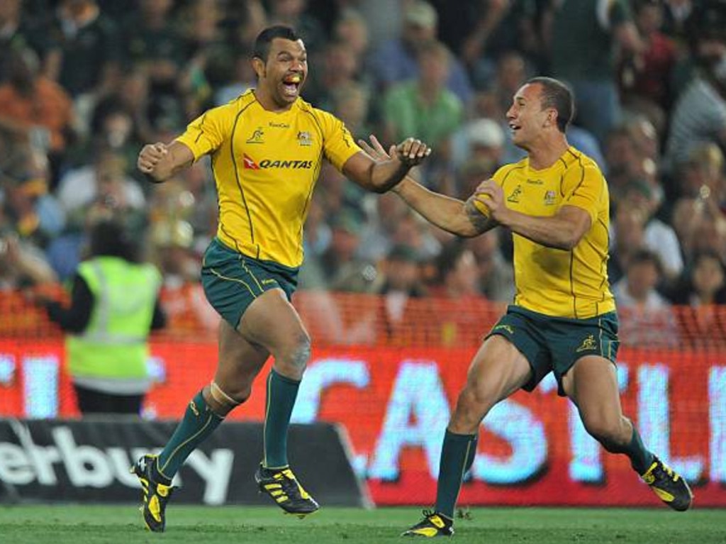 Kurtley Beale and Quade Cooper during a Tri-Nations against the Springboks in 2010. Picture: Duif du Toit/Gallo Images/Getty Images