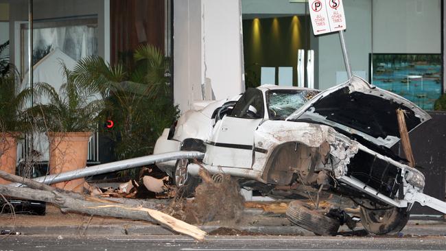 Car crash on City Road, Southbank, where a pedestrian was killed. A traffic light is embedded in the side of the car. Learner driver Puneet Puneet's car hit and killed Dean Hofstee and injured Clancy Coker outside the Mantra Hotel in City Rd. Picture: Hamilton Fiona