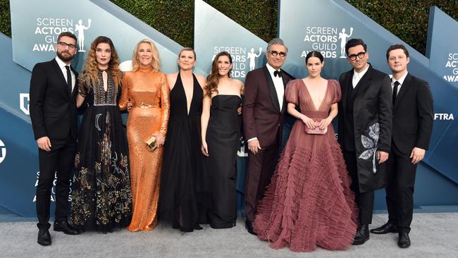 Dustin Milligan, Annie Murphy, Catherine O'Hara, Jennifer Robertson, Sarah Levy, Eugene Levy, Emily Hampshire, Dan Levy, and Noah Reid attend at the 26th Annual Screen Actors Guild Awards at The Shrine Auditorium in Los Angeles, California in January, 2020. Picture: Gregg DeGuire/Getty Images