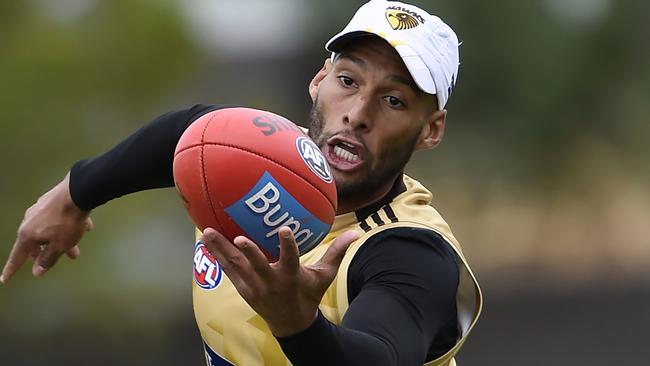 Josh Gibson just hangs on at training. Photo: Andy Brownbill.