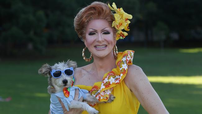 Verushka Darling and Baxter the dog at Victoria Park ahead of Mardi Gras Fair Day. Picture: Craig Wilson