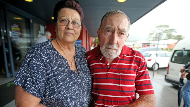 Peter and Carmen Hagney at the flood evacuation centre in Laurieton. Nathan Edwards