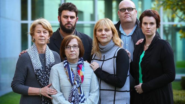 Whistleblowers and families of patients at Oakden — Barbara and Clive Spriggs, Rina Serpo and Alma Krecu, Stewart Johnston and Patrina Cole. They are all family members of deceased residents at the disgraced Oakden aged-care home. Picture: Kym Smith