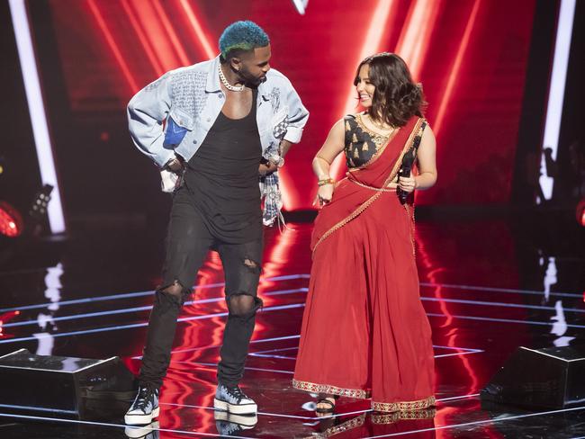 Jason Derulo with a contestant on The Voice. He thought doing the show “was a cool chance to reach back out to aspiring artists”. Picture: Channel 7