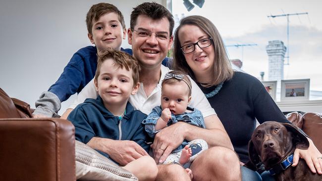 Charlie Gardiner with his family, Lukas, 9, Callan, 7, Chloe, 5 months, wife Natasha and family dog Danny. Picture: Jake Nowakowski