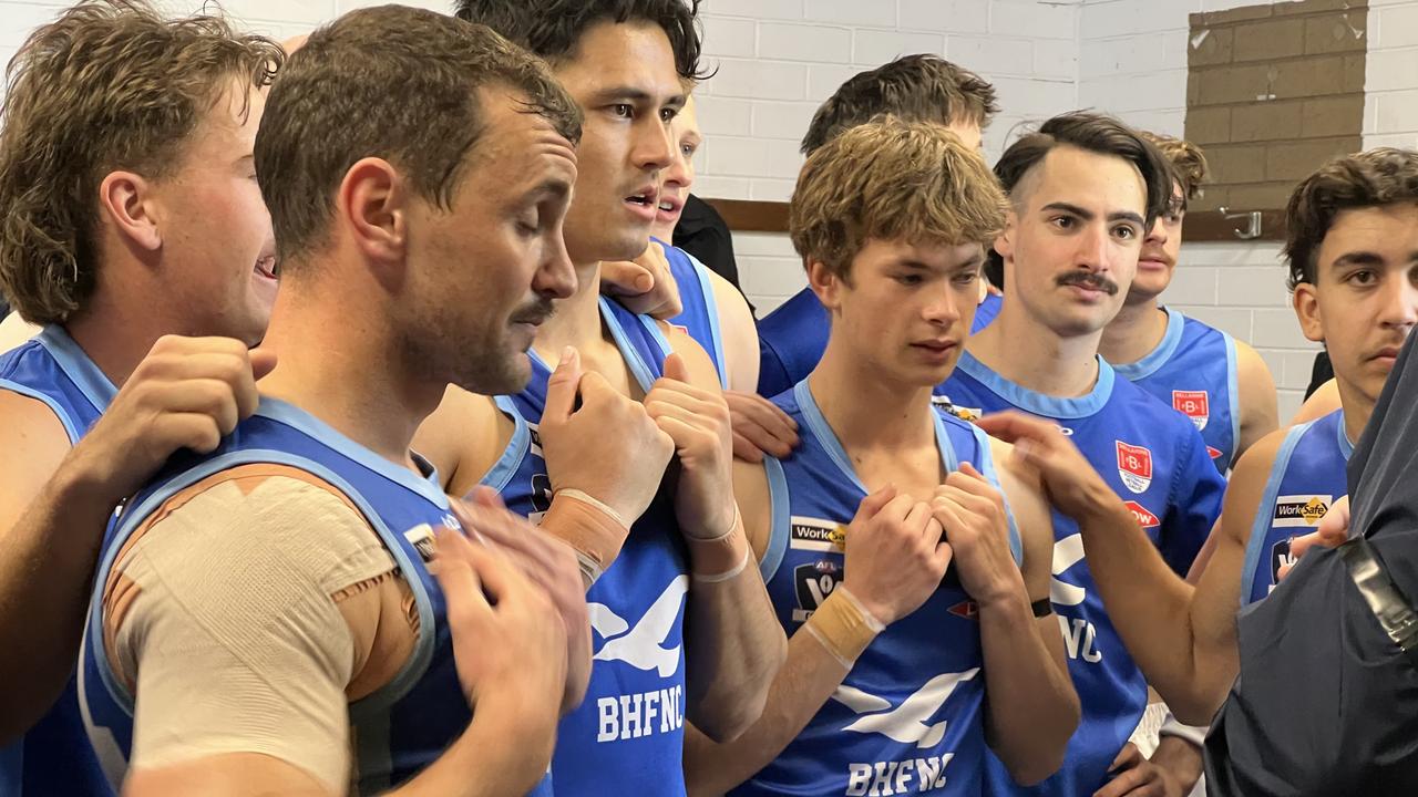 Angus Ford (centre) made his senior debut with Barwon Heads at 15 years of age. Picture: Barwon Heads FC.