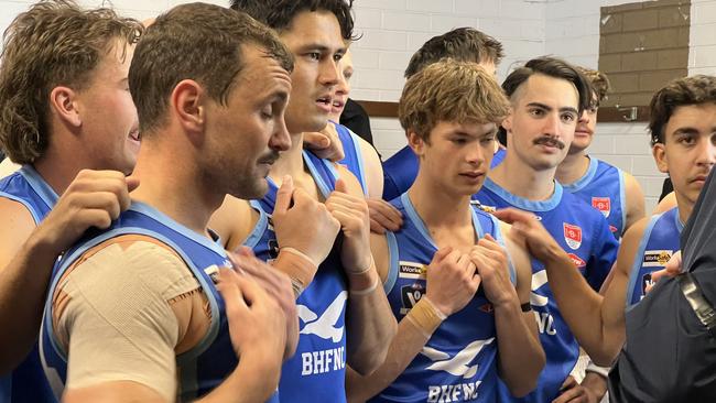 Angus Ford (centre) made his senior debut with Barwon Heads at 15 years of age. Picture: Barwon Heads FC.