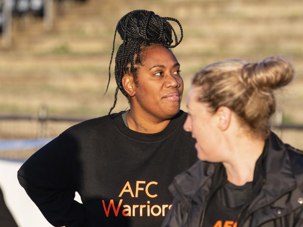 Melanie Nicholls of AFC Warriors after finishing a lap during 40 for Fortey relay at Toowoomba Showgrounds, Sunday, May 28, 2023. Picture: Kevin Farmer