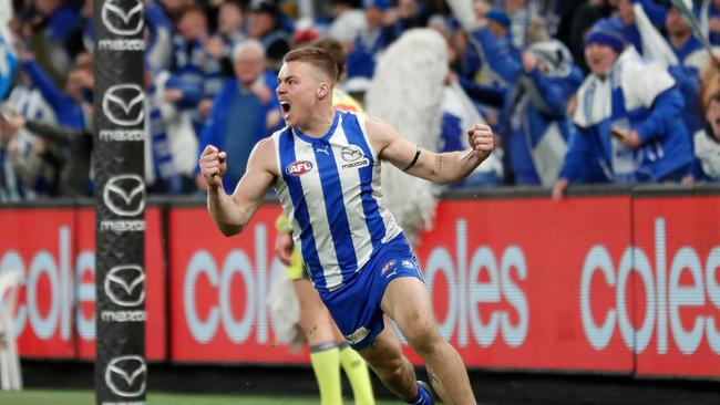 MELBOURNE, AUSTRALIA – JULY 16: Cameron Zurhaar of the Kangaroos celebrates a goal during the 2022 AFL Round 18 match between the North Melbourne Kangaroos and the Richmond Tigers at Marvel Stadium on July 16, 2022 in Melbourne, Australia. (Photo by Michael Willson/AFL Photos via Getty Images)