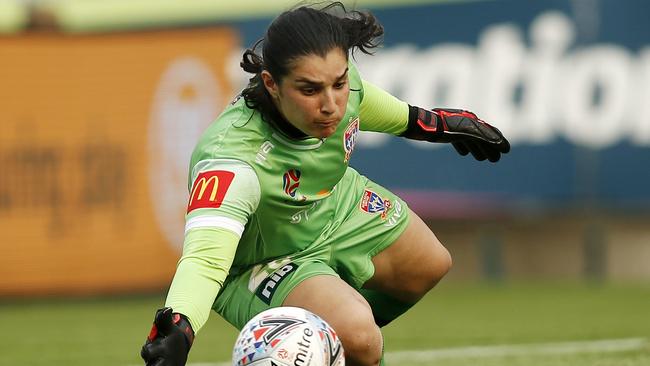 Jets keeper Claire Coelho lunges for a desperate save(AAP Image/Darren Pateman)