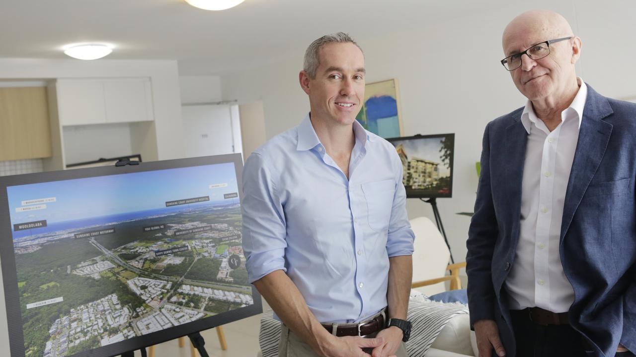 Developer Cleighton Clark with Terry Ryder discussing Sippy Downs, which is earmarked as the Sunshine Coast's next property hot spot. 