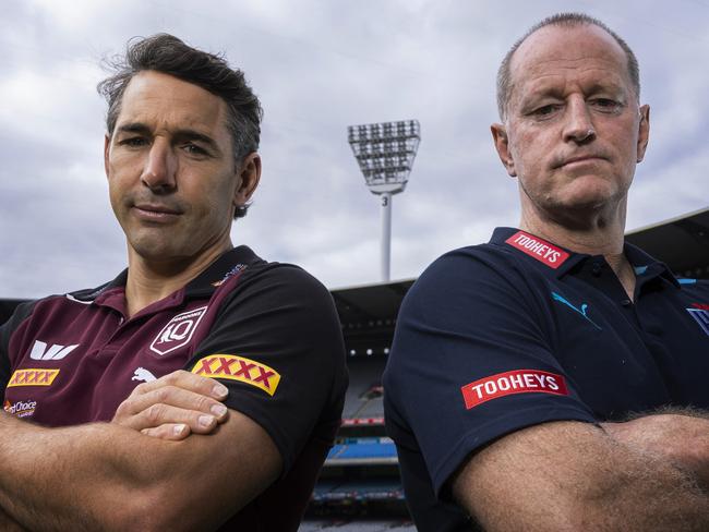 MELBOURNE, AUSTRALIA - APRIL 16: QLD Maroons head coach Billy Slater and NSW Blues head coach Michael Maguire pose for a photograph during the 2024 State of Origin Series Launch at Melbourne Cricket Ground on April 16, 2024 in Melbourne, Australia. (Photo by Daniel Pockett/Getty Images)