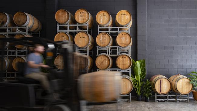 Some of the 100 wine barrels at City Winery in Fortitude Valley.