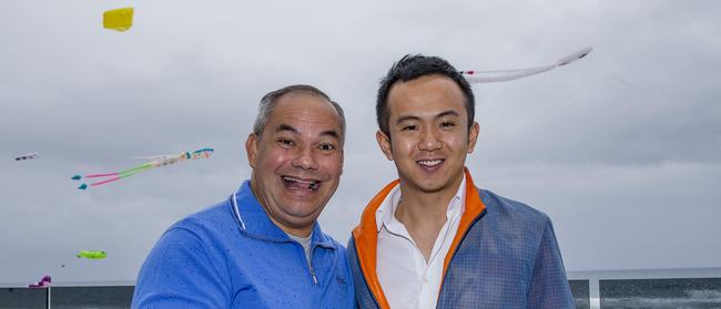 Gold Coast Mayor Tom Tate and Yuhu Group Australia director Jimmy Huang, enjoying the Jewel International Kite Festival on Sunday at Surfers Paradise. Picture: Jerad Williams