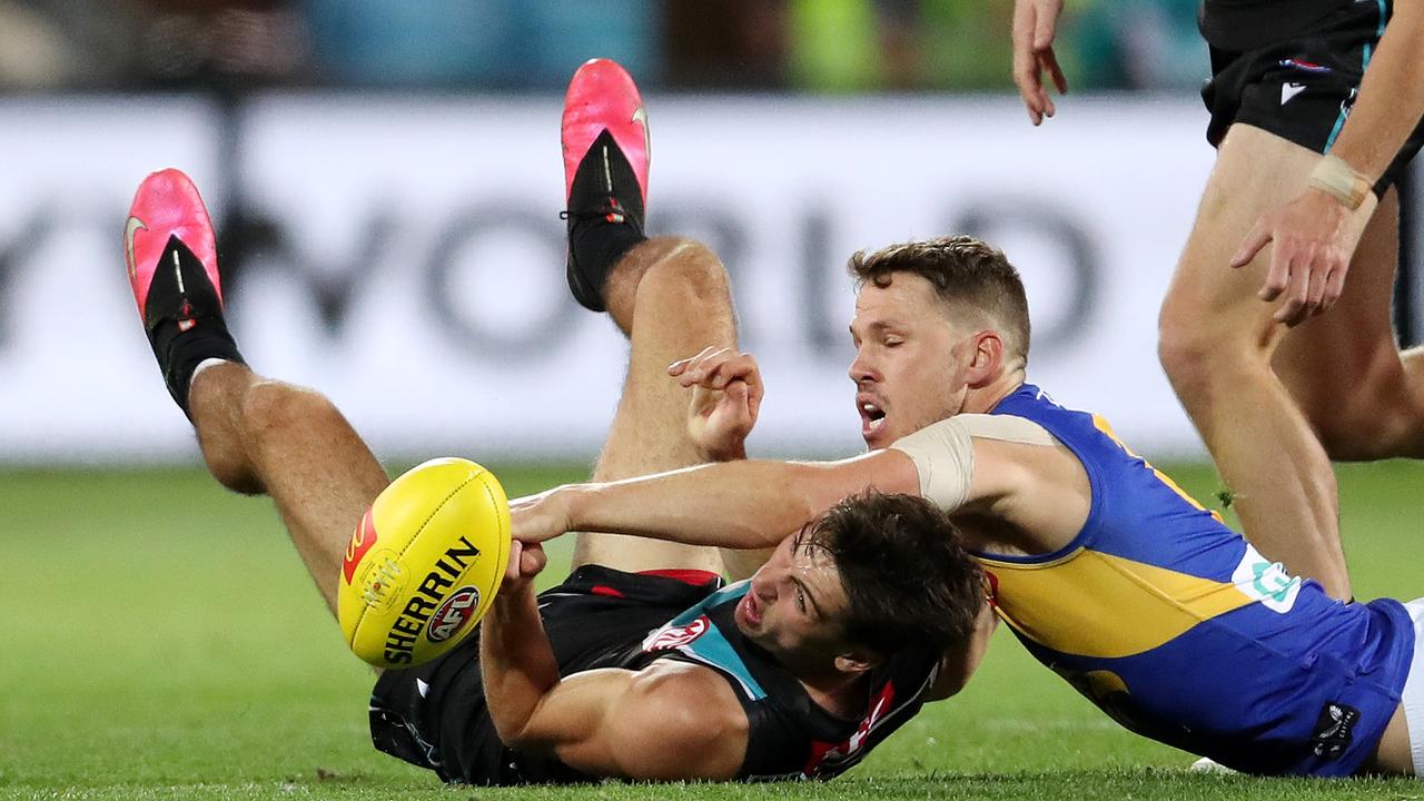 Rozee scraps for the ball against West Coast. Picture: Getty