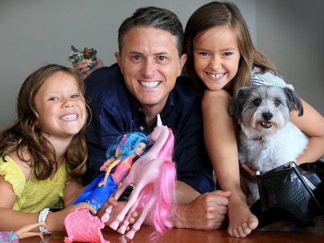 Seven News anchor Max Futcher with Stella, 7, Ava, 9, and pet. Picture: Jamie Hanson