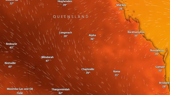 Temperatures across the state are set to climb over the coming days with 29C in Brisbane and up to 43C in the South West on Monday. Photo: Windy.